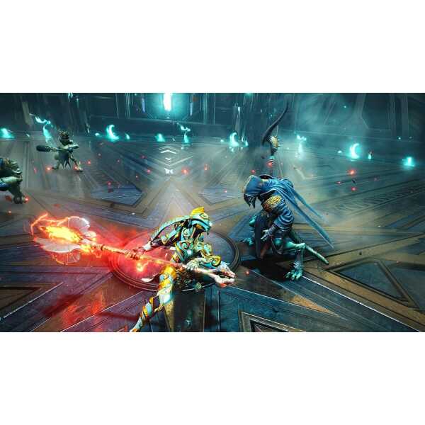 Fantasy battle scene with armored warriors and mystical creatures in a sci-fi environment.
