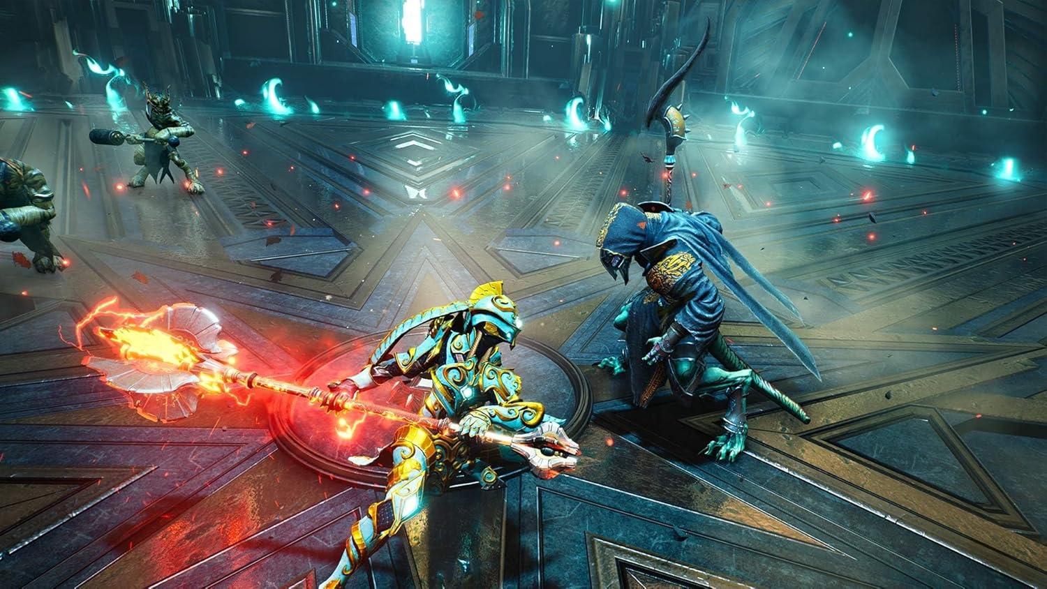 Fantasy battle scene with armored warriors and mystical creatures in a sci-fi environment.