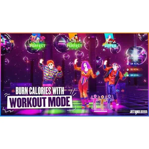 Group of animated characters exercising in a vibrant, futuristic dance environment.