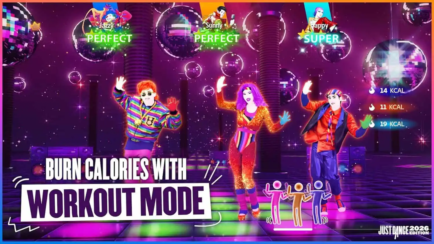 Group of animated characters exercising in a vibrant, futuristic dance environment.