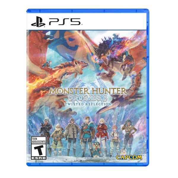 Monster Hunter Stories 3 PS5 game cover with characters and monsters.