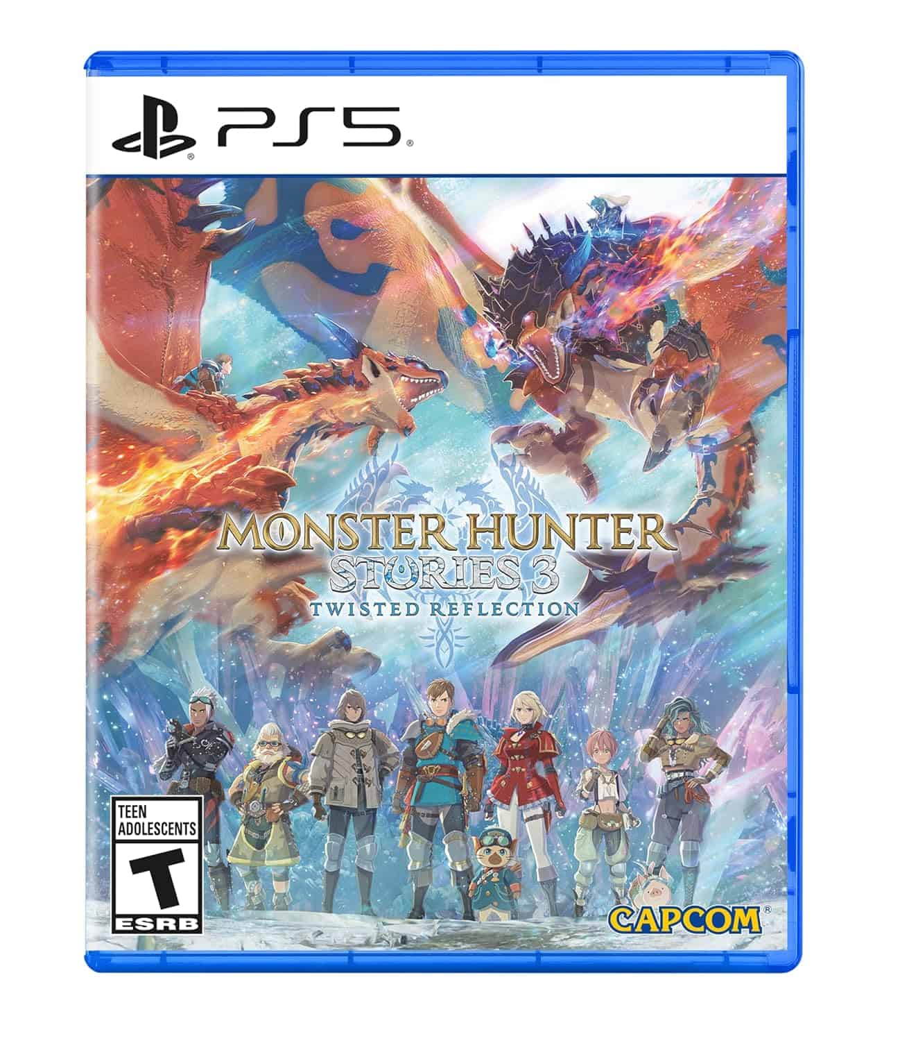 Monster Hunter Stories 3 PS5 game cover with characters and monsters.