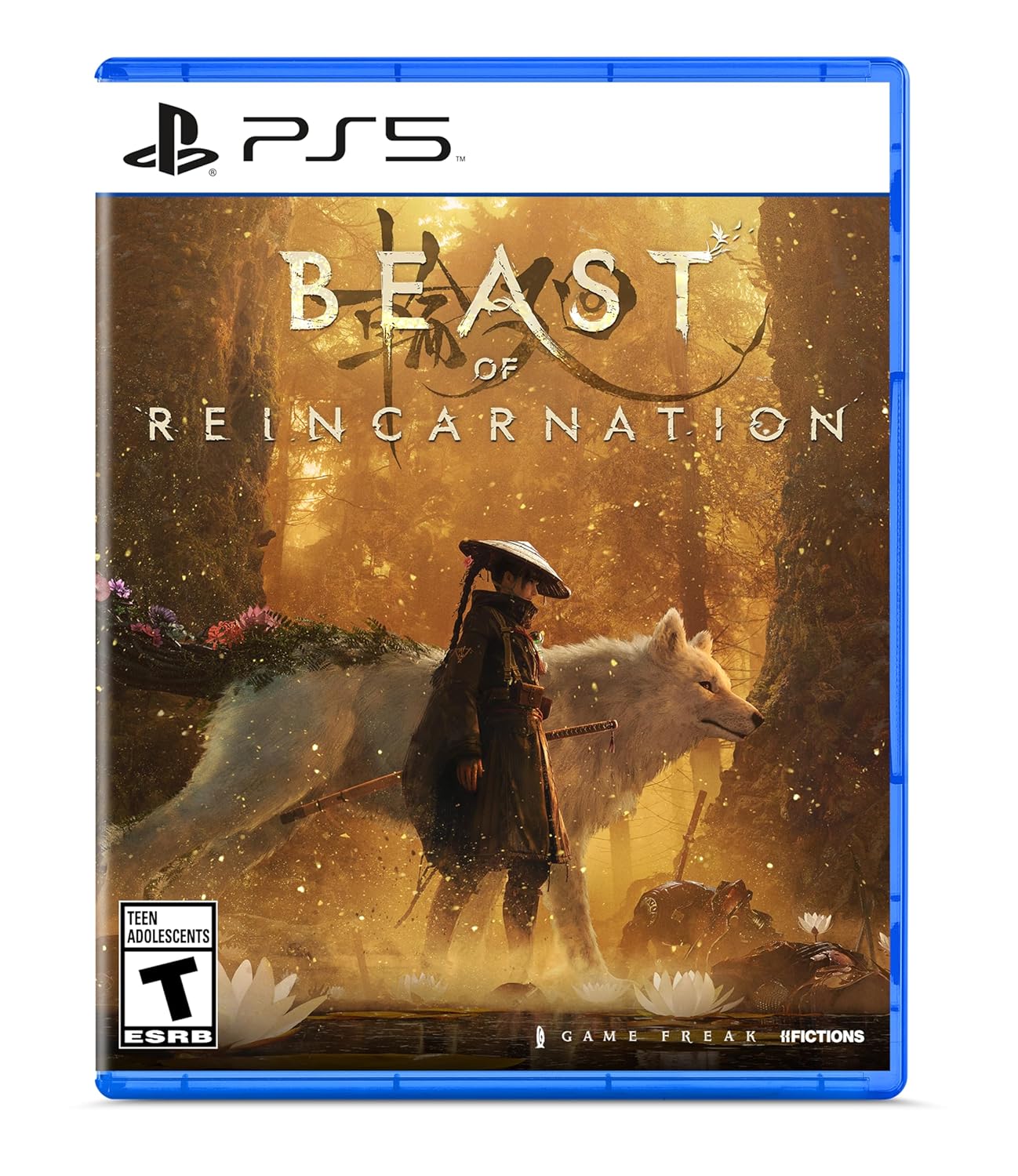 PS5 game cover for Beast of Reincarnation featuring a warrior and wolf in a mystical forest scene.