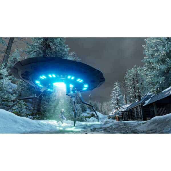 Futuristic UFO with blue lights hovering over snow-covered forest landscape.