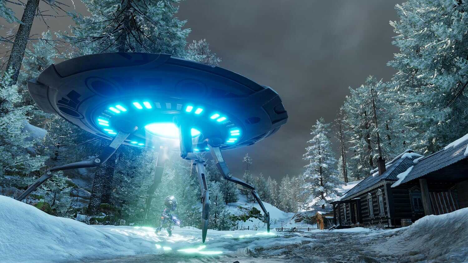 Futuristic UFO with blue lights hovering over snow-covered forest landscape.