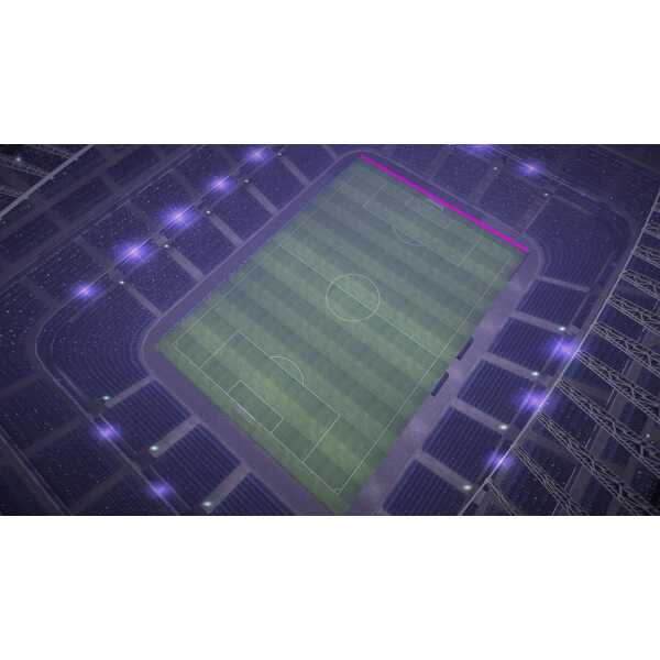 Soccer stadium illuminated at night with vibrant lighting and seating for fans.