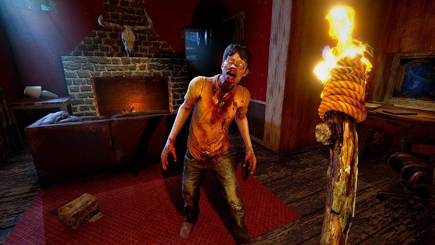 Scared person in a horror-themed room with fire and brick fireplace.