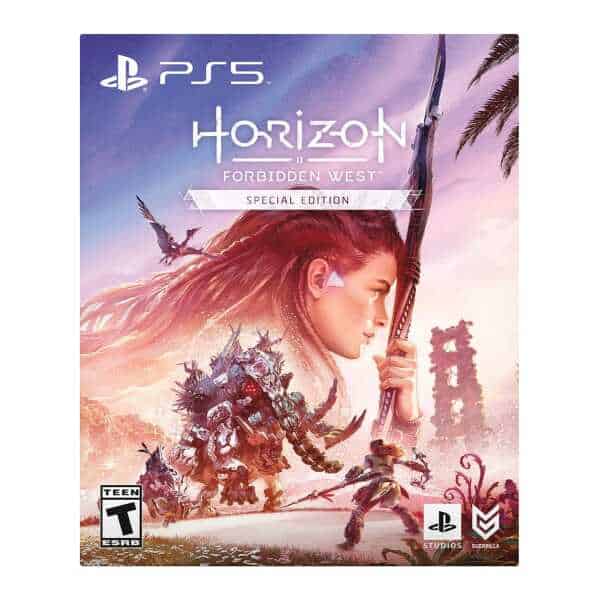 Horizon Forbidden West PS5 game cover featuring Aloy with bow and futuristic landscape.