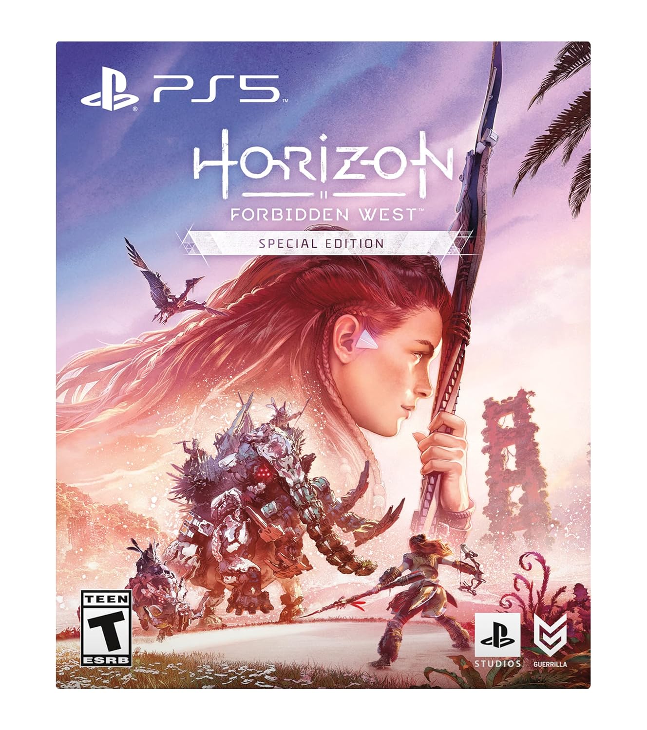 Horizon Forbidden West PS5 game cover featuring Aloy with bow and futuristic landscape.