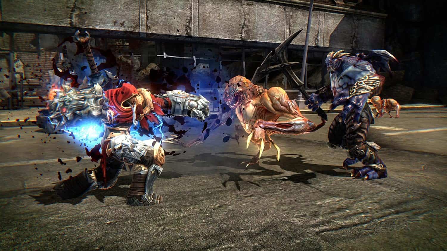 Battle scene from Darksiders Warmastered featuring armored warriors and monstrous enemies.