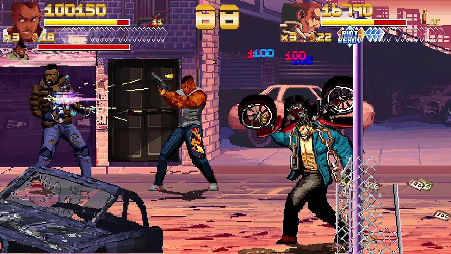 Pixel art scene from Fallen City Brawl with characters fighting in urban setting.