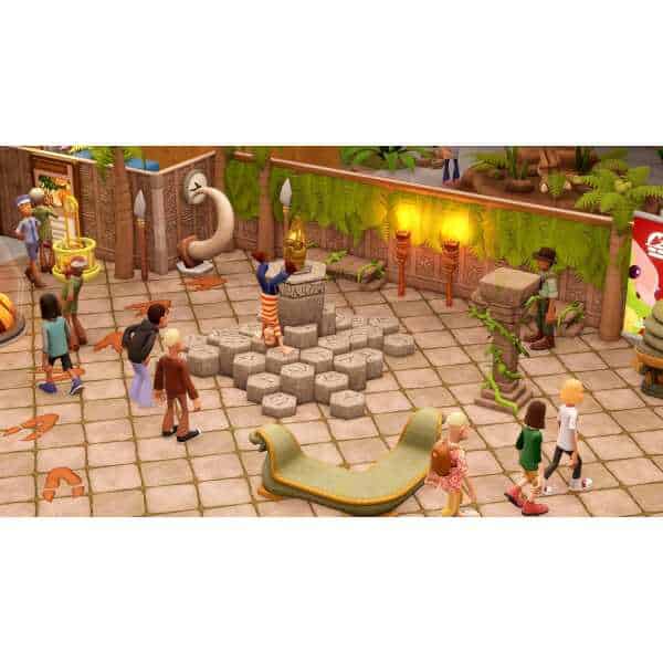 Visitors exploring the interactive Gameware Museum exhibit in Two Point Museum: Explorer Edition.