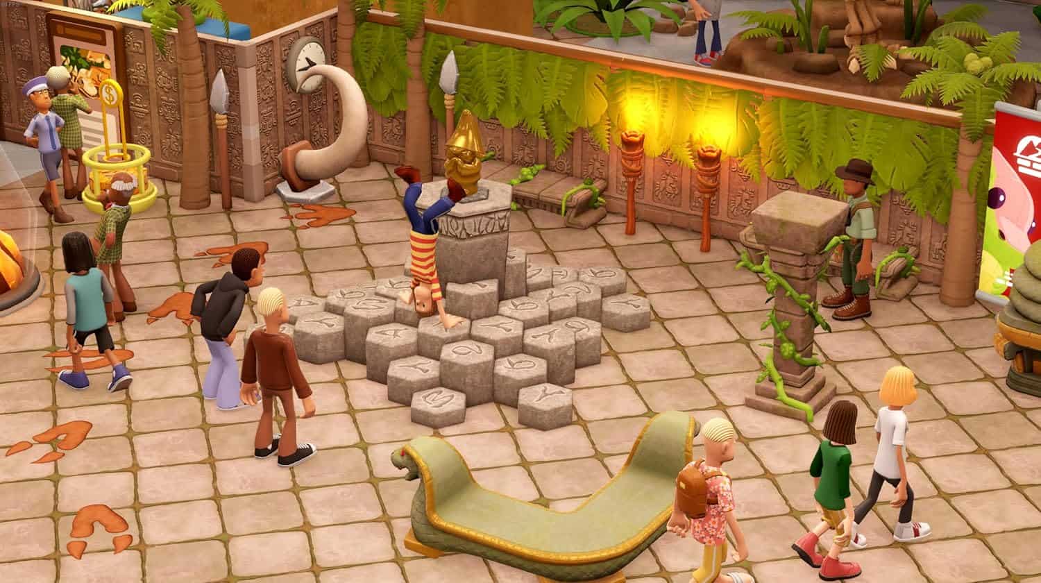 Visitors exploring the interactive Gameware Museum exhibit in Two Point Museum: Explorer Edition.