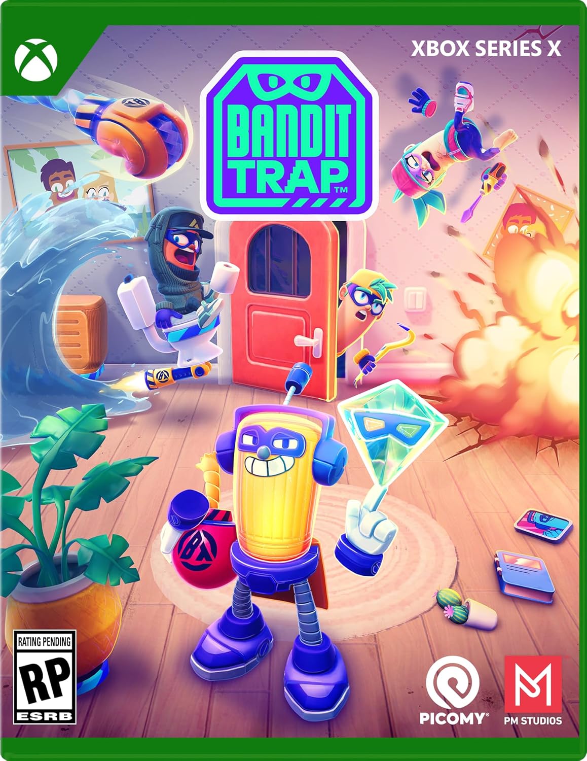 Gameware, Bandit Trap Xbox Series X cover art with colorful characters and action scene.