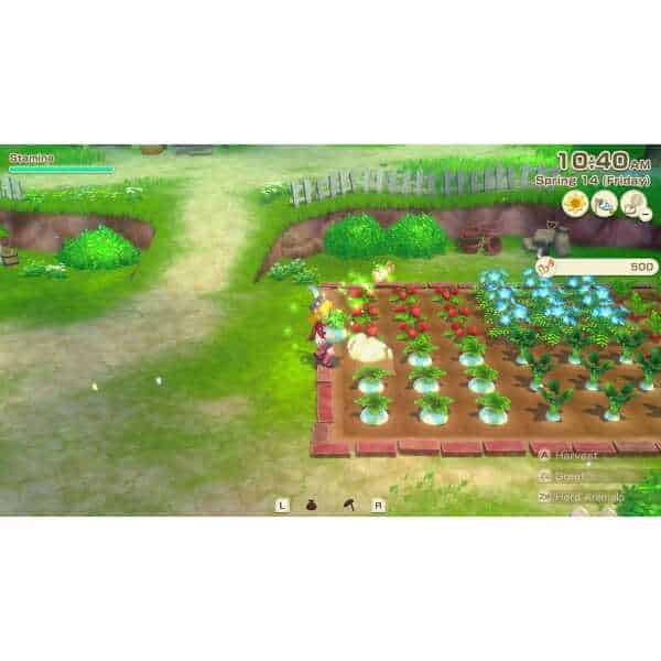 Gameplay scene from Story of Seasons: Grand Bazaar showing farming and harvesting activities.