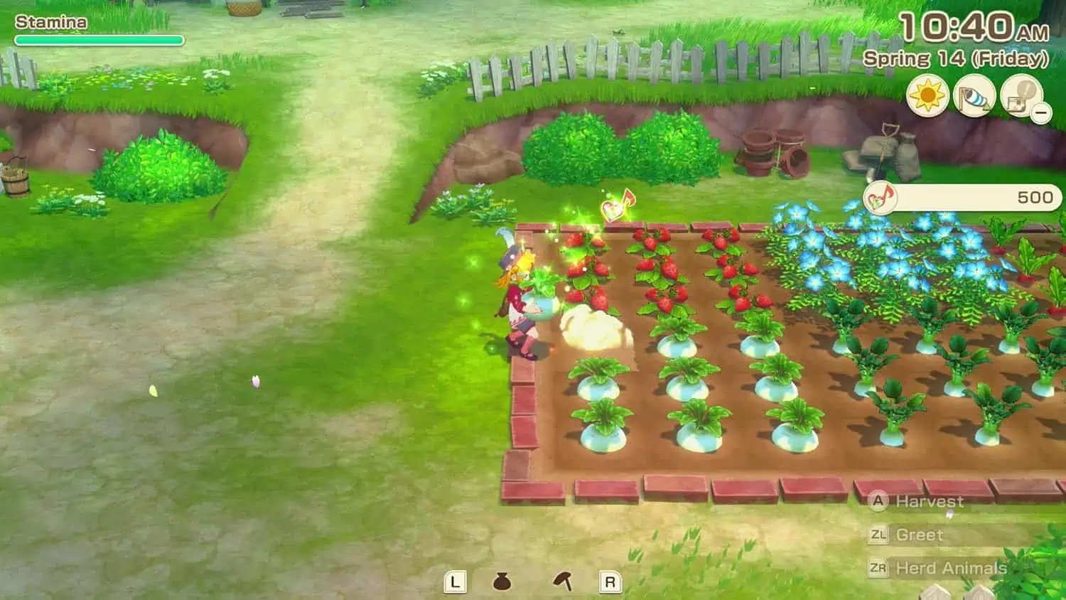 Gameplay scene from Story of Seasons: Grand Bazaar showing farming and harvesting activities.