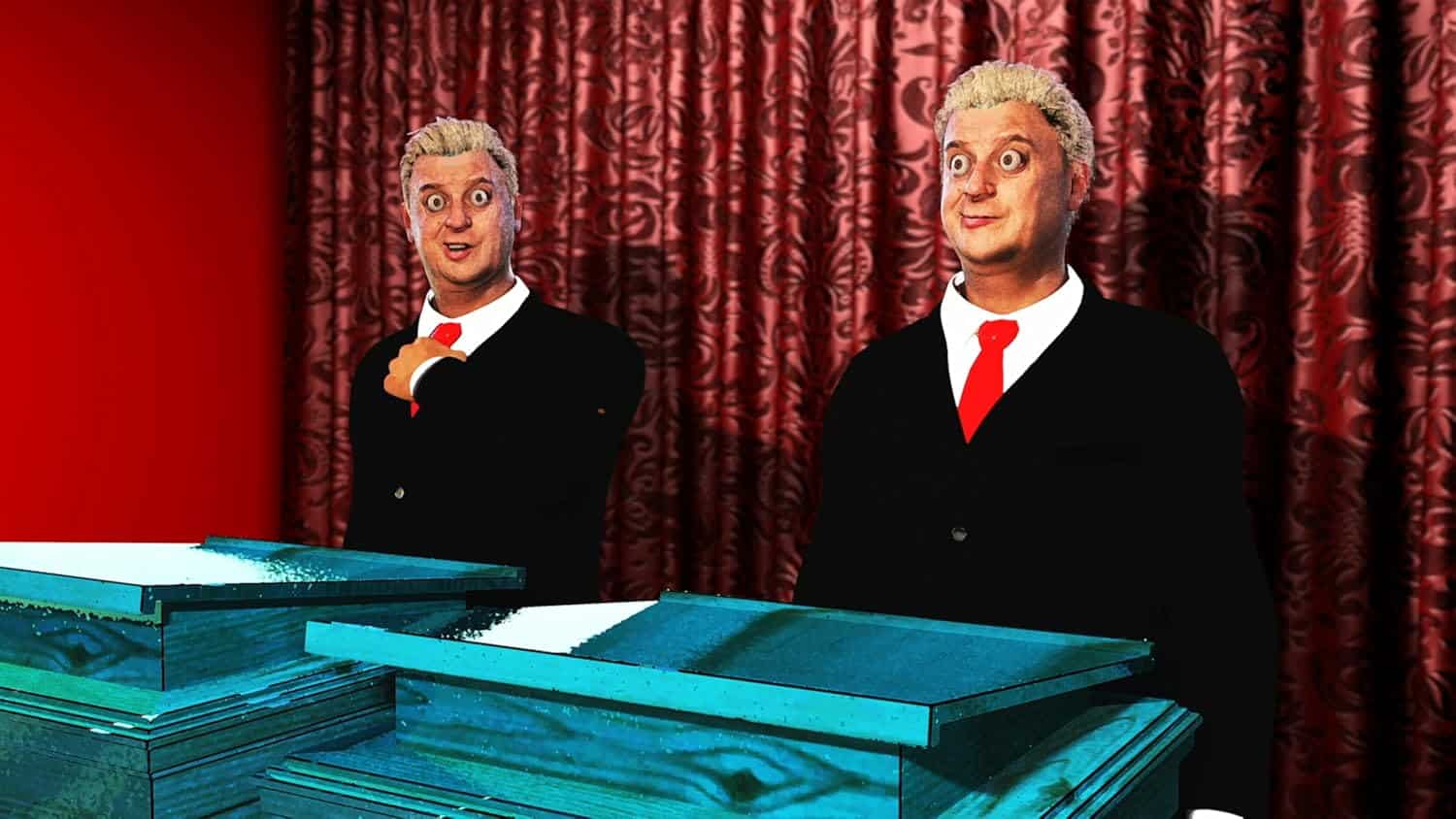 Mannequins with wigs and suits at a gaming event, showcasing Gameware products.