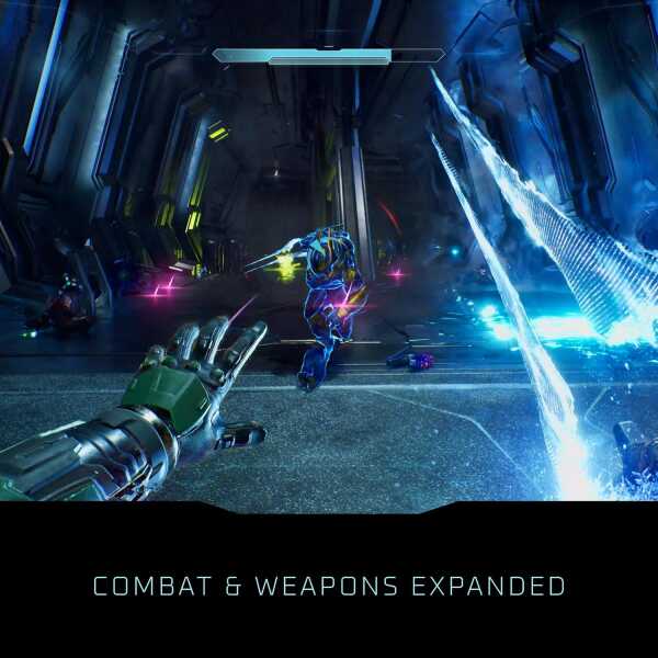 Futuristic combat scene from Halo with weapons and energy effects.
