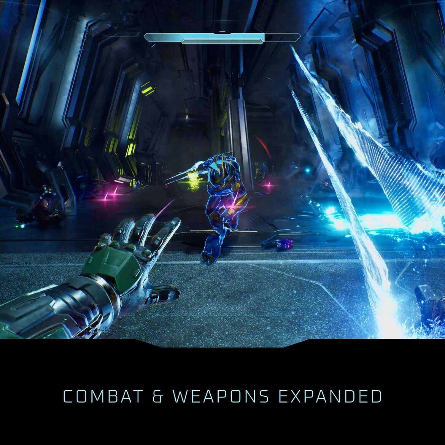 Futuristic combat scene from Halo with weapons and energy effects.
