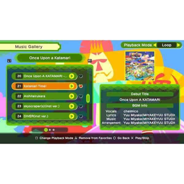 Colorful game menu screen for Once Upon A Katamari by Gameware.