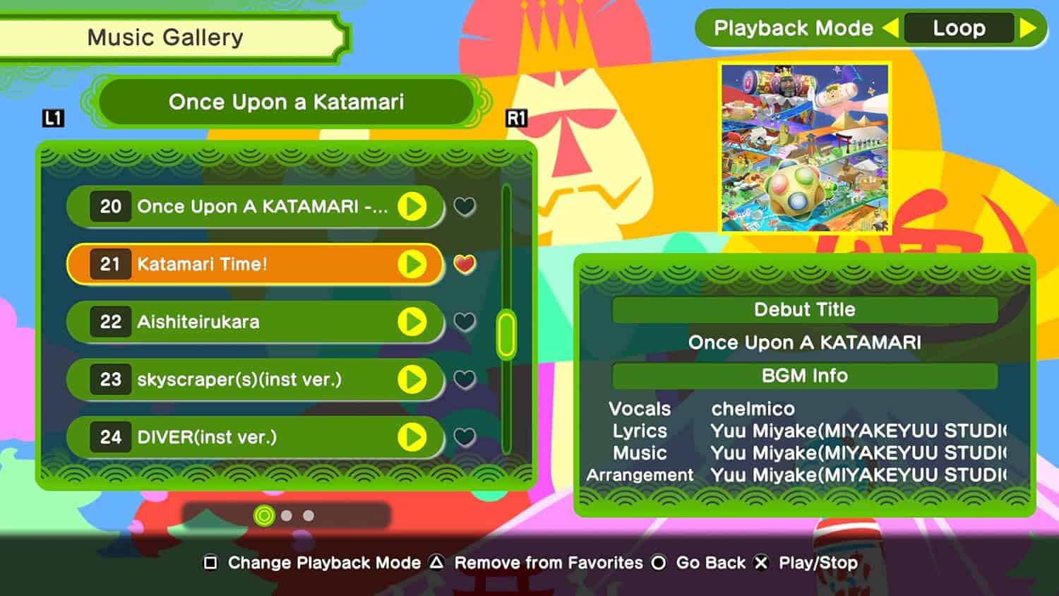 Colorful game menu screen for Once Upon A Katamari by Gameware.