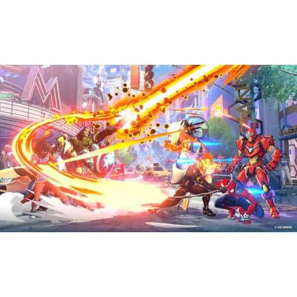 Epic superhero battle with characters fighting in a vibrant cityscape, showcasing action, powers, an.