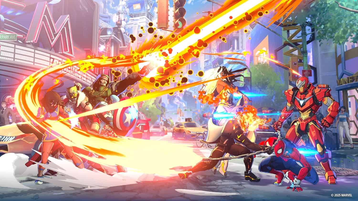 Epic superhero battle with characters fighting in a vibrant cityscape, showcasing action, powers, an.