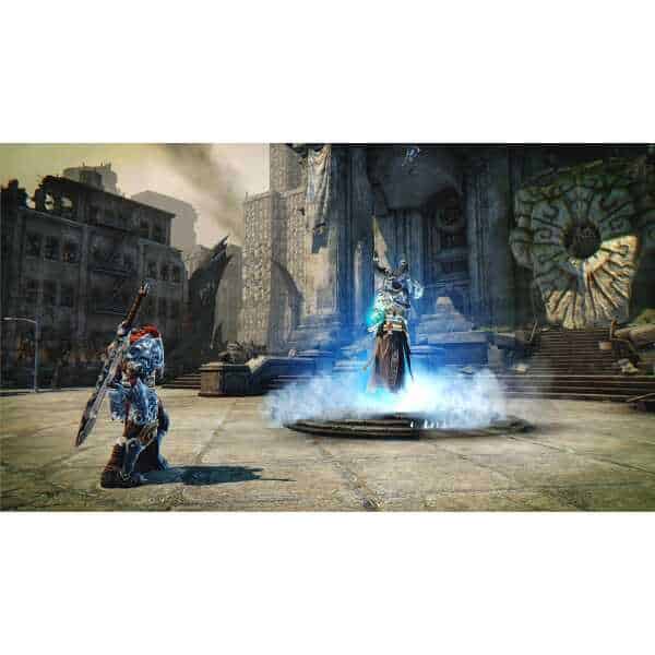 Darksiders Warmastered gameplay scene with characters in a ruined cityscape.