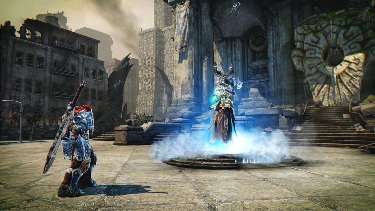 Darksiders Warmastered gameplay scene with characters in a ruined cityscape.