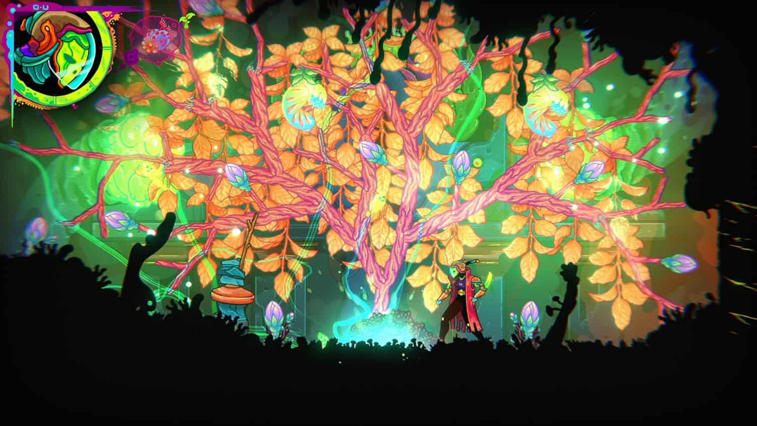 Bright fantasy tree with glowing leaves and vibrant colors, inspired by Ultros from Final Fantasy.