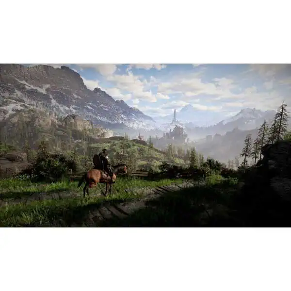 Scenic view from Crimson Desert Deluxe Edition game with mountains and castle.