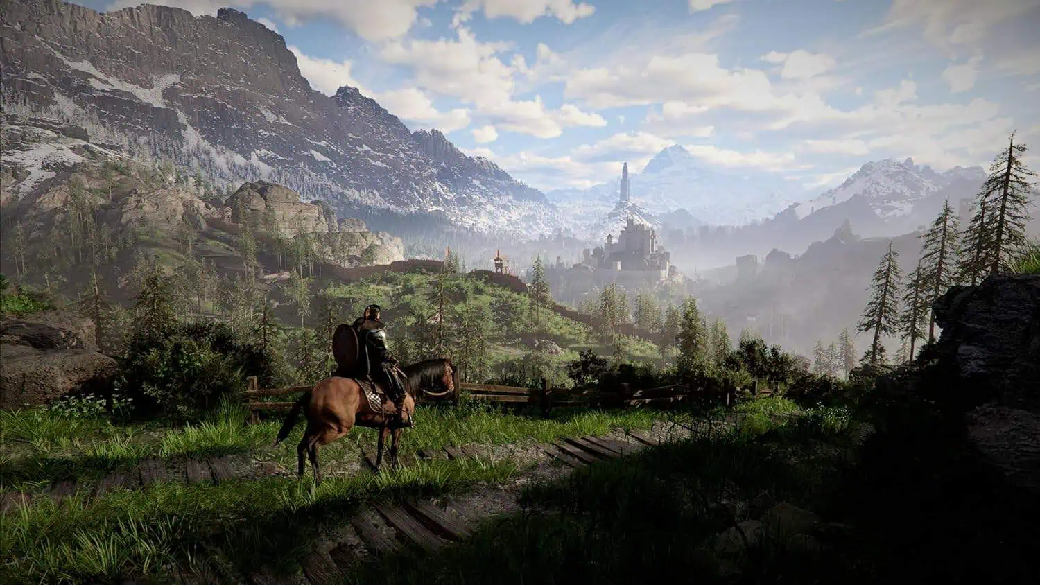 Scenic view from Crimson Desert Deluxe Edition game with mountains and castle.