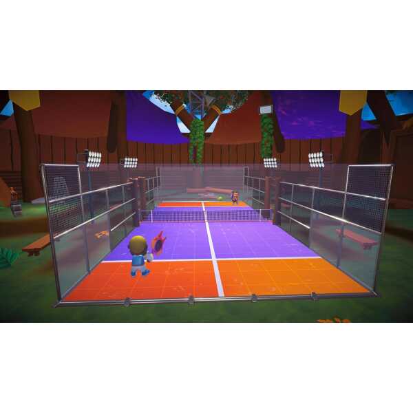 Multiplayer tennis game scene from Instant Sports 2 with colorful court and characters.