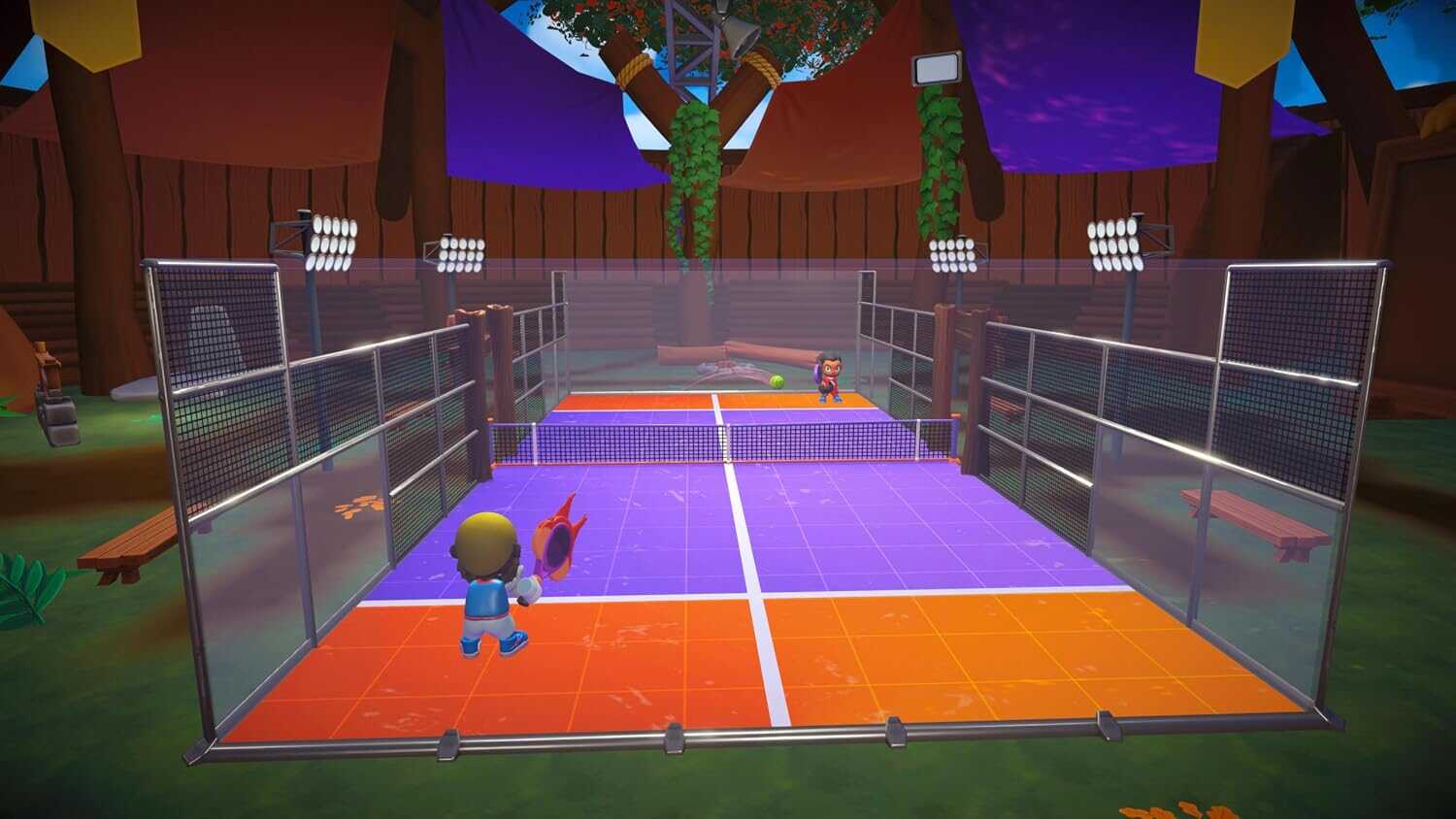 Multiplayer tennis game scene from Instant Sports 2 with colorful court and characters.