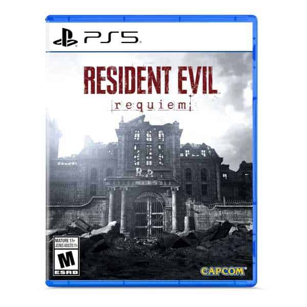 Resident Evil Requiem PS5 game cover with ruined mansion scene.