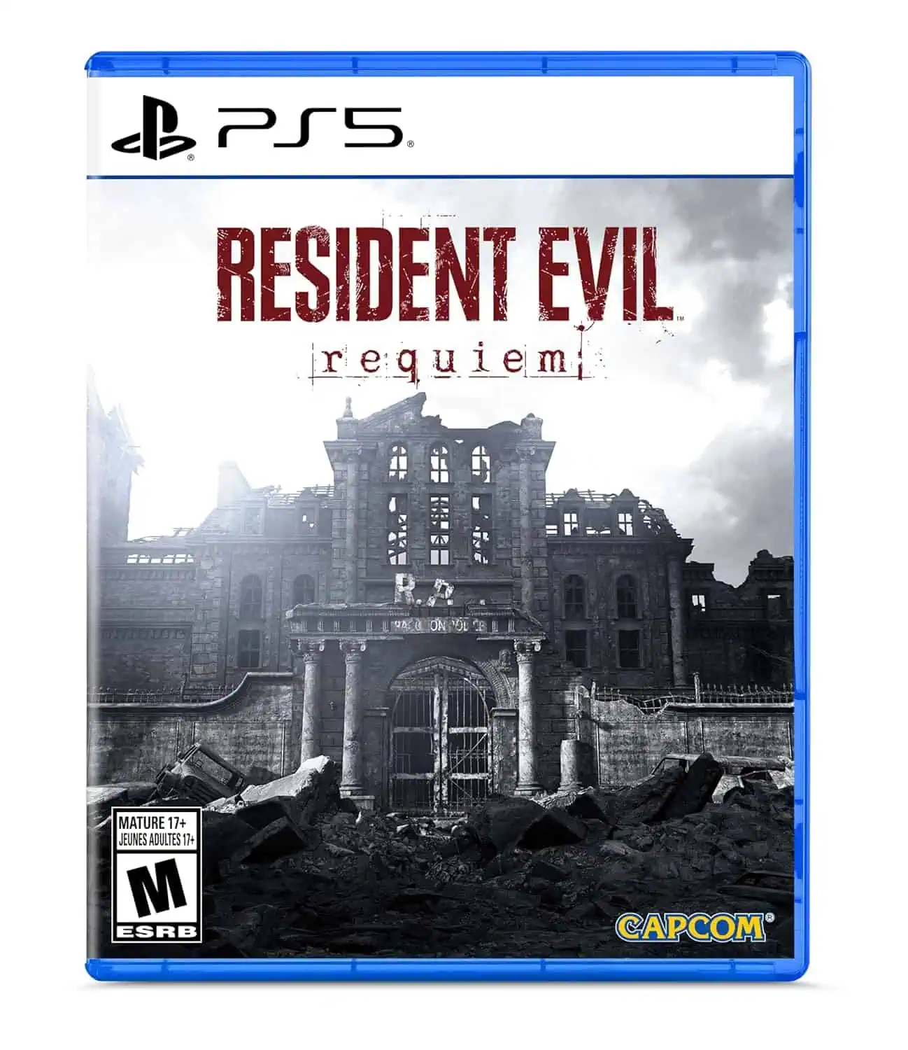 Resident Evil Requiem PS5 game cover with ruined mansion scene.