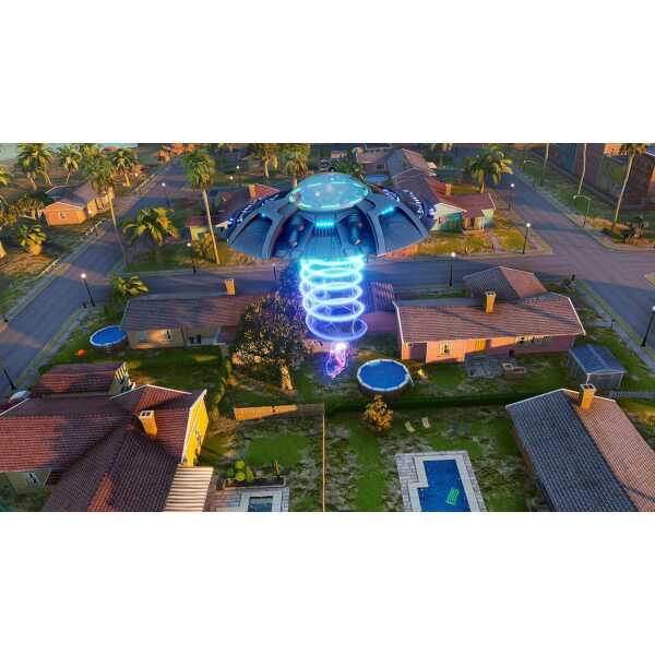 UFO abducting a house in a suburban neighborhood with a glowing beam of light.