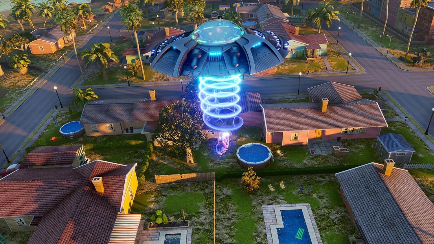 UFO abducting a house in a suburban neighborhood with a glowing beam of light.