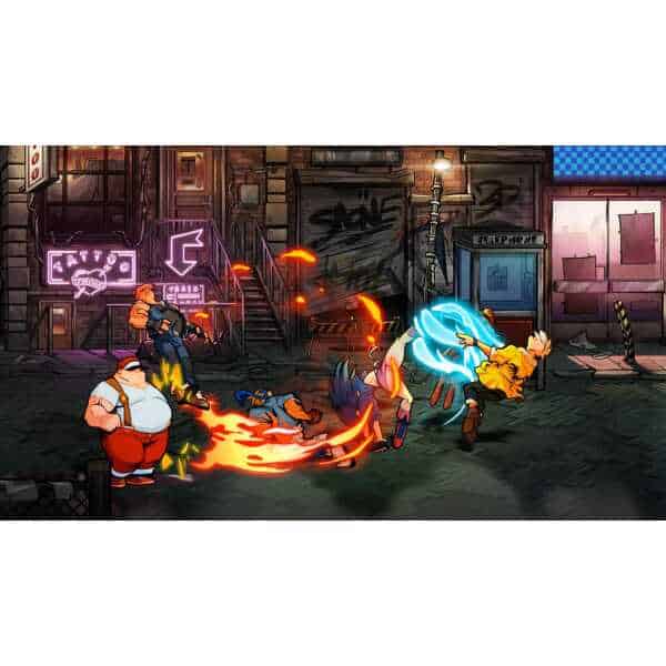 Intense fight scene from Streets of Rage 4 featuring characters battling in an urban street setting.