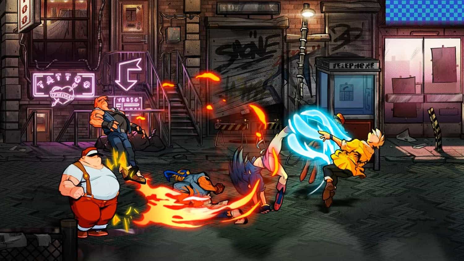 Intense fight scene from Streets of Rage 4 featuring characters battling in an urban street setting.