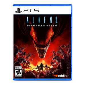 PS5 game cover for Alien Fireteam Elite featuring alien monsters and soldiers in combat scene.