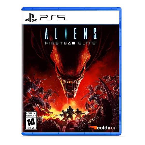 PS5 game cover for Alien Fireteam Elite featuring alien monsters and soldiers in combat scene.