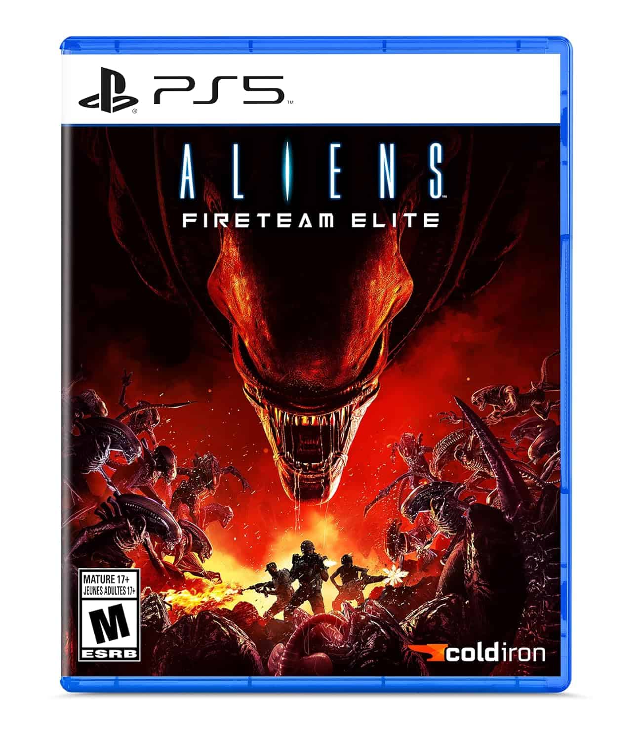 PS5 game cover for Alien Fireteam Elite featuring alien monsters and soldiers in combat scene.