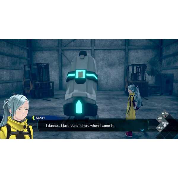 Kaname Date character from THE SOMNIUM FILES in a dark warehouse setting.