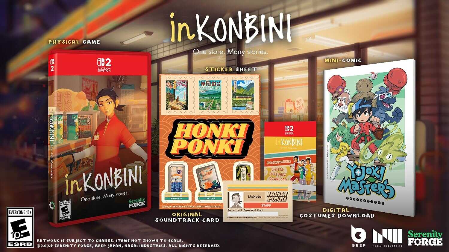 InKONBINI store display with games, stickers, and mini-comic.