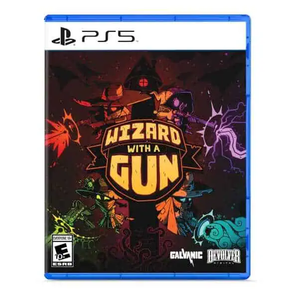 Wizard with a Gun game cover featuring colorful, cartoon-style characters and magical weapons for Pl.