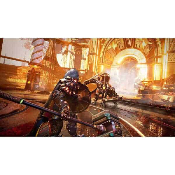Futuristic warriors battling in a high-tech, glowing cityscape.