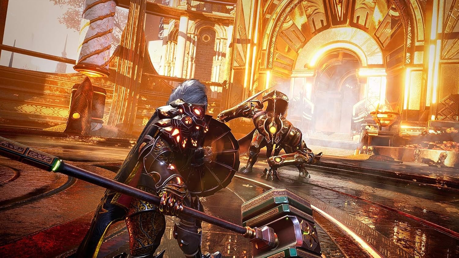 Futuristic warriors battling in a high-tech, glowing cityscape.