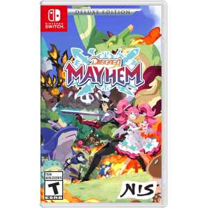 Disgaea Mayhem Nintendo Switch game cover with colorful characters and dynamic action scene.