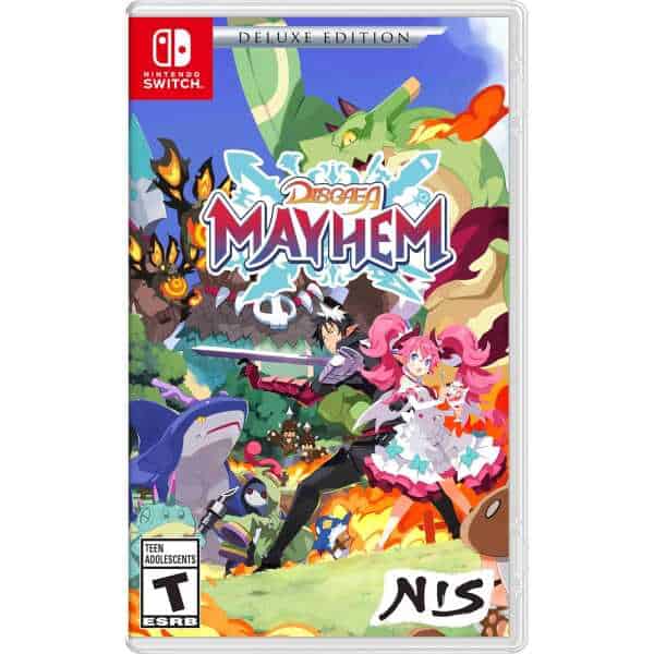Disgaea Mayhem Nintendo Switch game cover with colorful characters and dynamic action scene.
